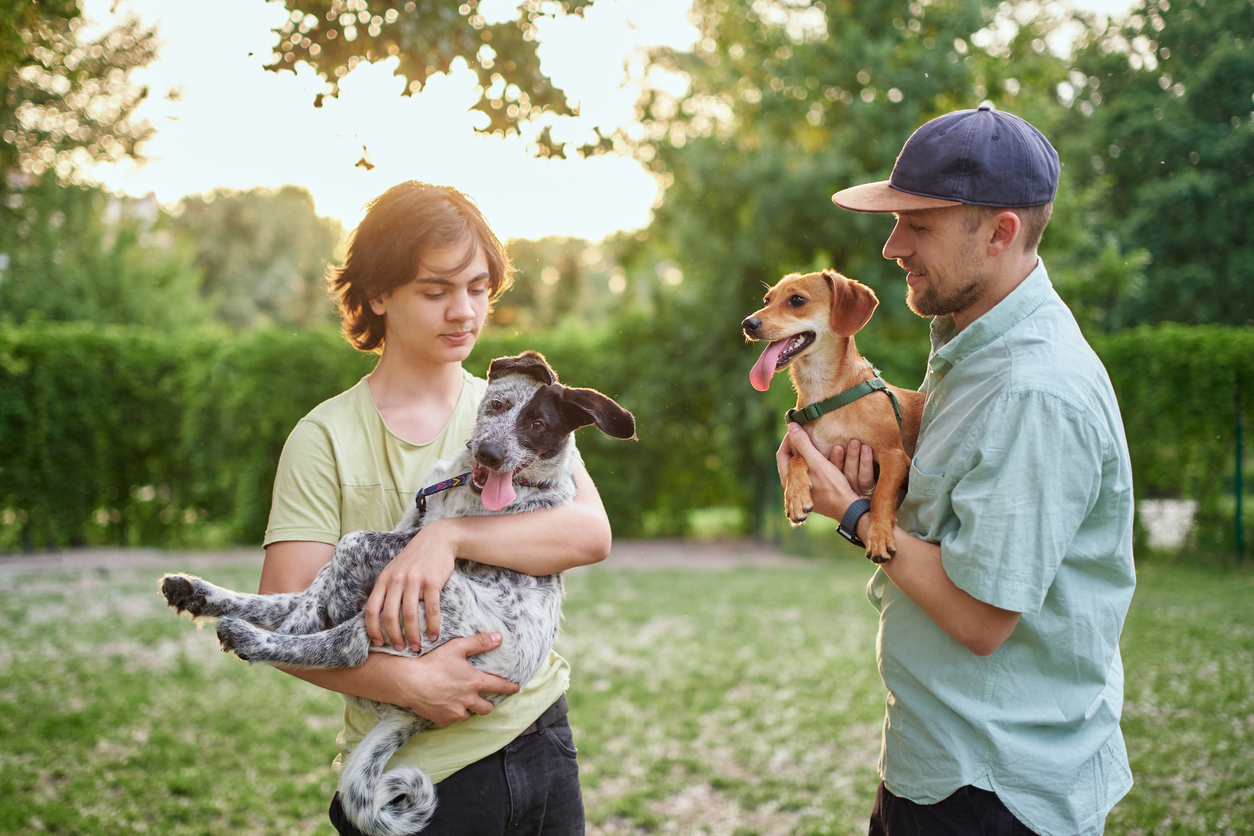 Love, portrait and family with dog at animal shelter for adoption at kennel
